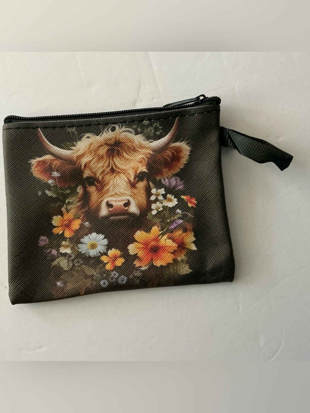 Black Floral Cow Print Zip Wallet